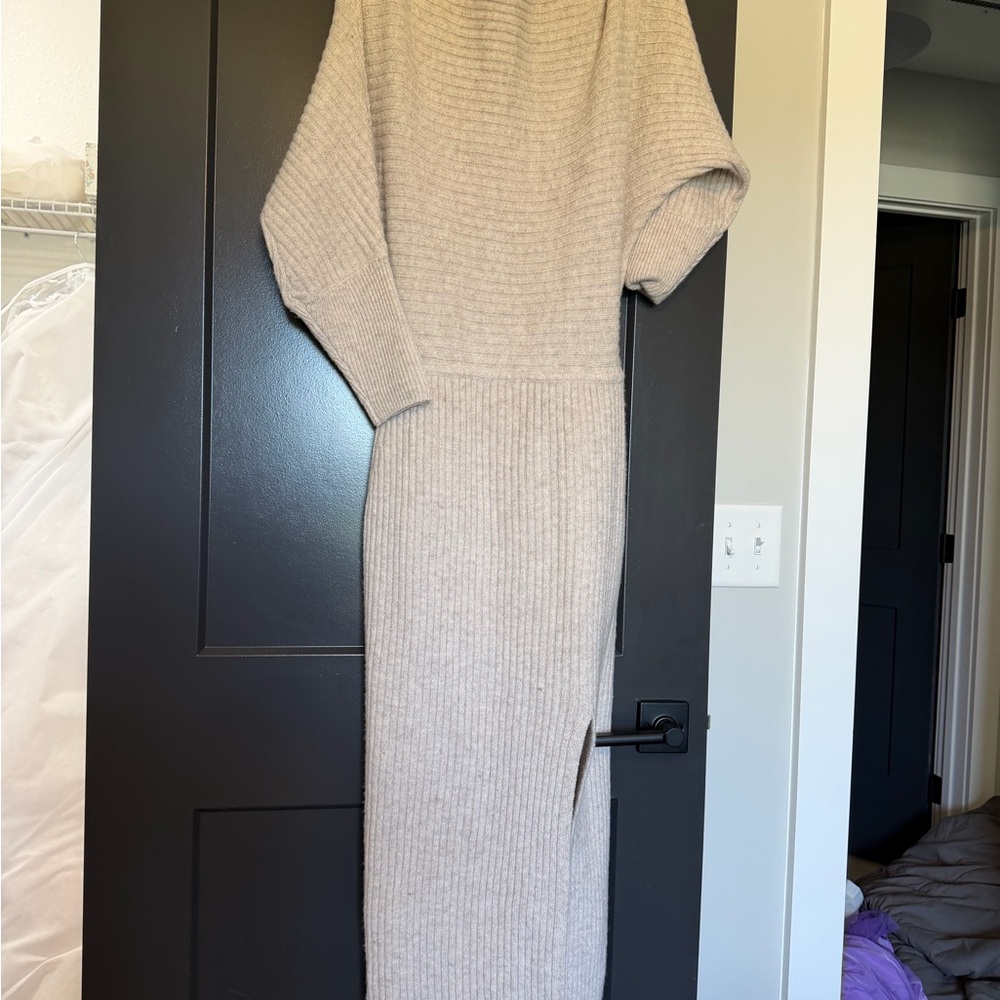 Neutral Ribbed Knit Midi Dress with Side Slit